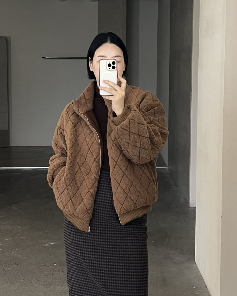 VERNI東大門代購26秋冬菱格立領毛絨夾克立領格紋落肩寬松絎縫VERNI夾克