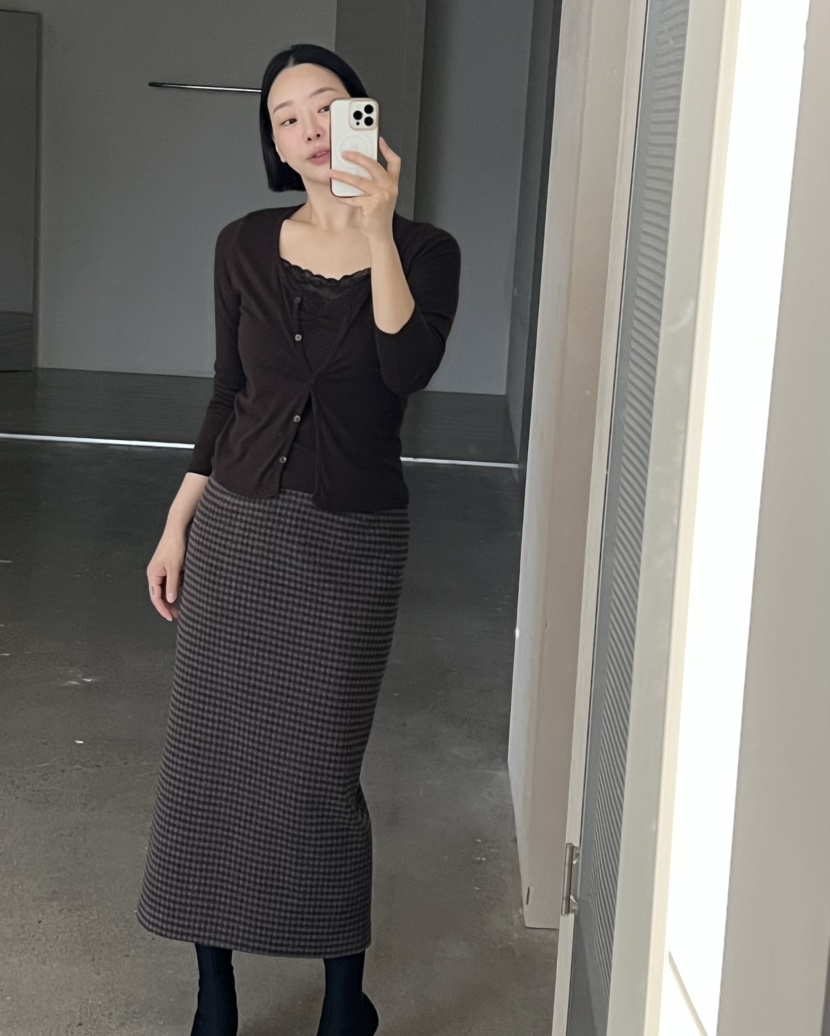 VERNI韓國直郵26秋冬直筒格紋過膝毛呢長裙口袋直筒格子高腰VERNI長裙