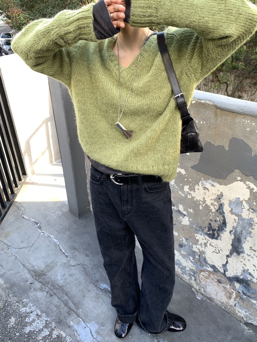 ROMANTICIZE韓國直郵26秋冬V領羊駝針織衫羊駝毛插肩袖V領寬松ROMANTICIZE針織衫