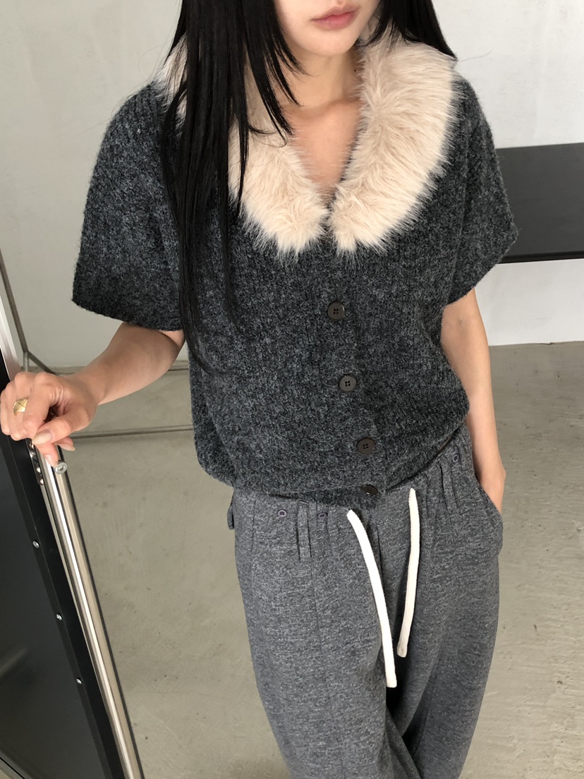 MUSE-P東大門實拍26秋季毛領短袖針織開衫 復古溫柔領子可拆卸MUSE-P針織衫