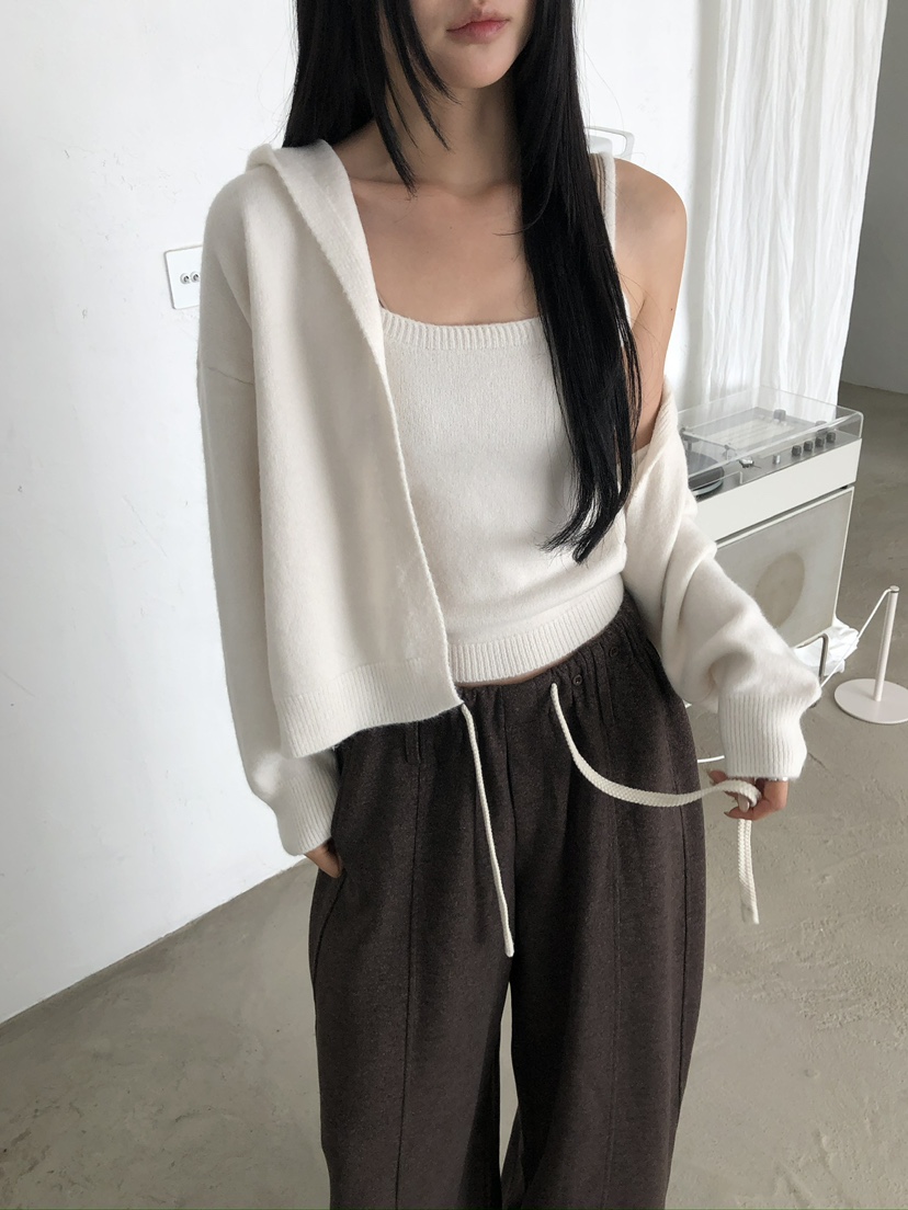 MUSE-P東大門實拍26秋季連帽針織開衫吊帶套裝針織衫無扣開襟MUSE-P針織衫