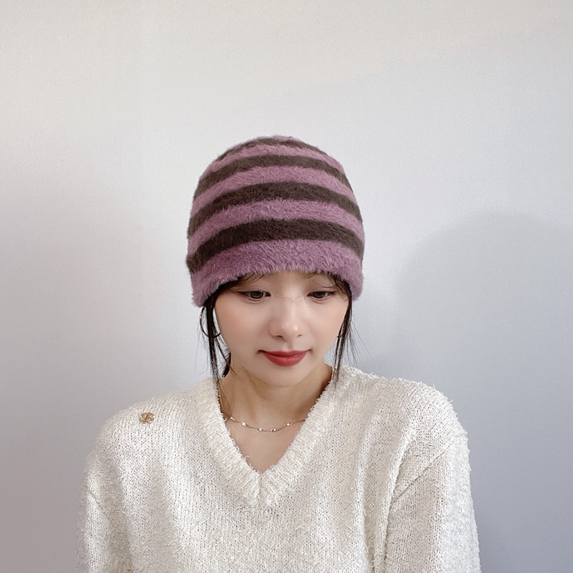 LOVELY HAT韓國代購26秋冬毛絨條紋針織帽 日常保暖帽子條紋LOVELY HAT帽子
