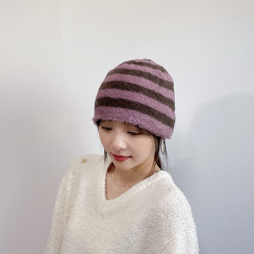 LOVELY HAT韓國代購26秋冬毛絨條紋針織帽 日常保暖帽子條紋LOVELY HAT帽子