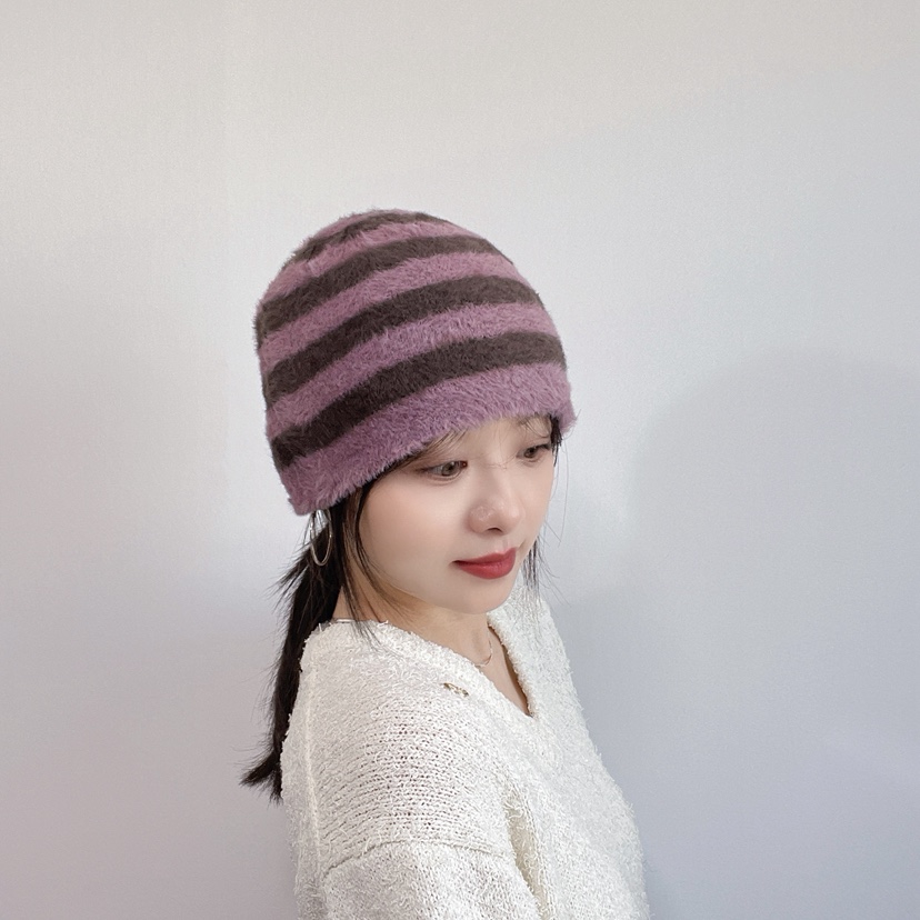 LOVELY HAT韓國代購26秋冬毛絨條紋針織帽 日常保暖帽子條紋LOVELY HAT帽子