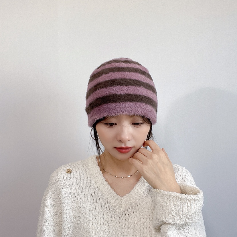 LOVELY HAT韓國代購26秋冬毛絨條紋針織帽 日常保暖帽子條紋LOVELY HAT帽子
