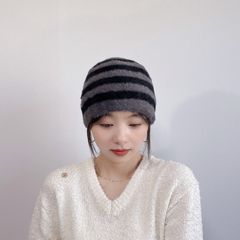 LOVELY HAT韓國代購26秋冬毛絨條紋針織帽 日常保暖帽子條紋LOVELY HAT帽子