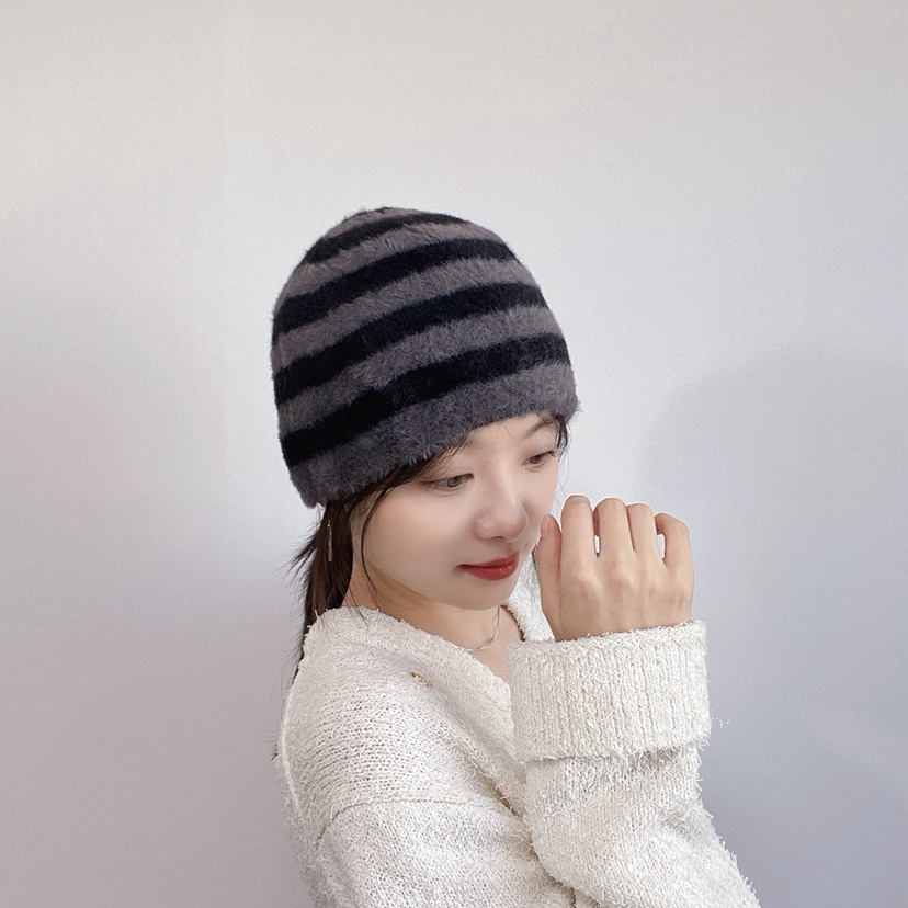 LOVELY HAT韓國代購26秋冬毛絨條紋針織帽 日常保暖帽子條紋LOVELY HAT帽子