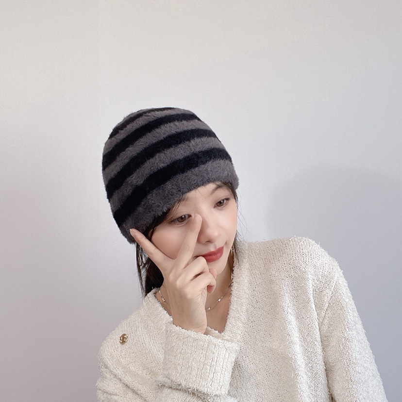 LOVELY HAT韓國代購26秋冬毛絨條紋針織帽 日常保暖帽子條紋LOVELY HAT帽子