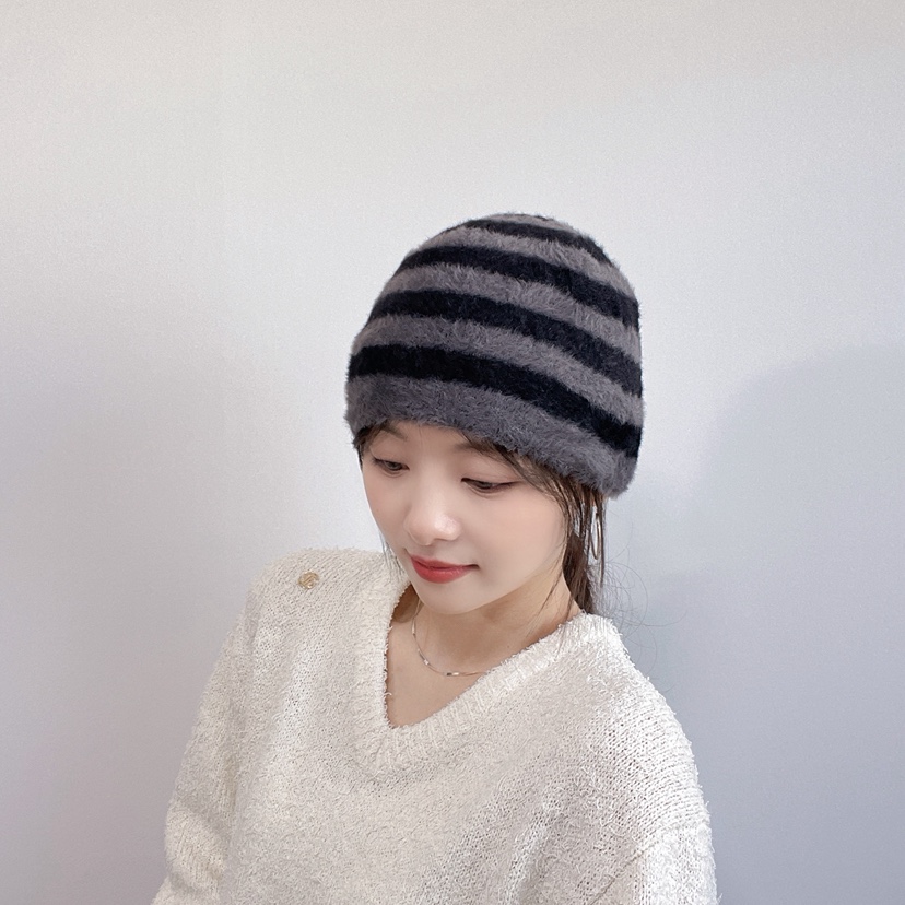 LOVELY HAT韓國代購26秋冬毛絨條紋針織帽 日常保暖帽子條紋LOVELY HAT帽子圖色2