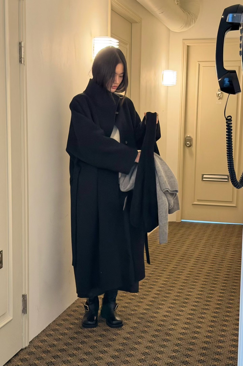 AMY GRACE韓國代購26秋季立領中長大衣中長款大衣含腰帶單排扣AMY GRACE中長款大衣