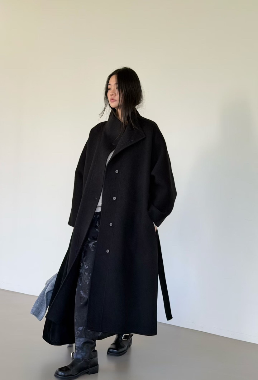 AMY GRACE韓國代購26秋季立領中長大衣中長款大衣含腰帶單排扣AMY GRACE中長款大衣