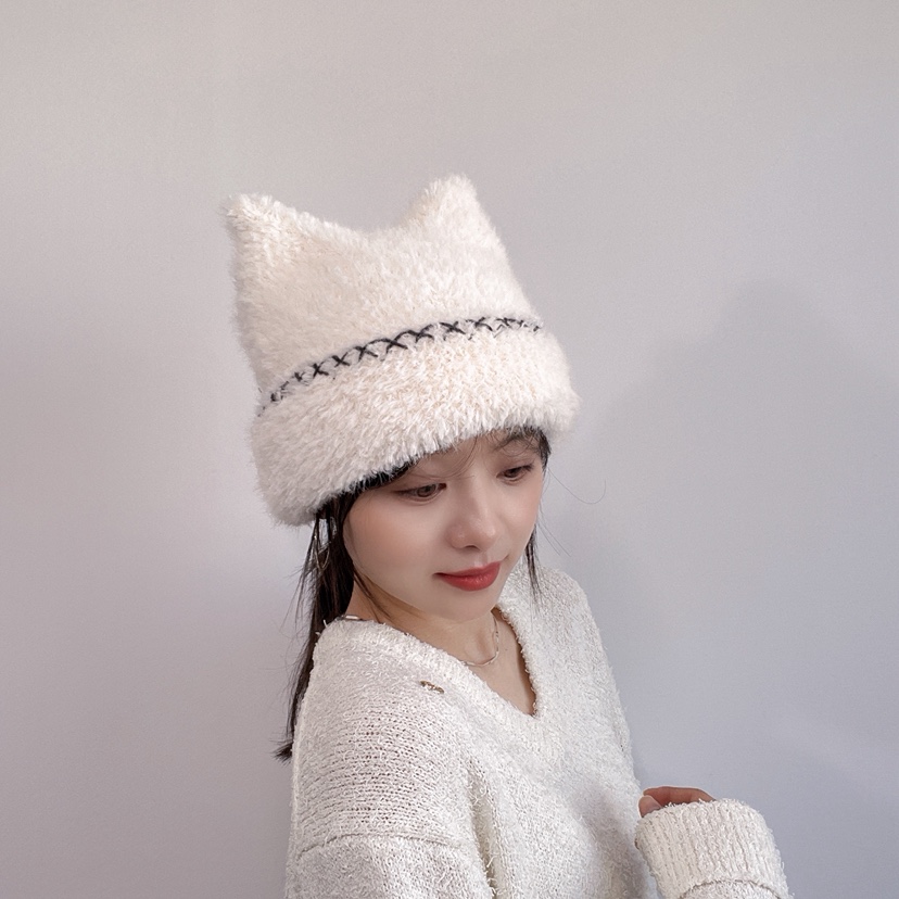 LOVELY HAT東大門代購26秋冬貓耳毛絨針織帽 可愛保暖帽子黑色LOVELY HAT帽子圖色1