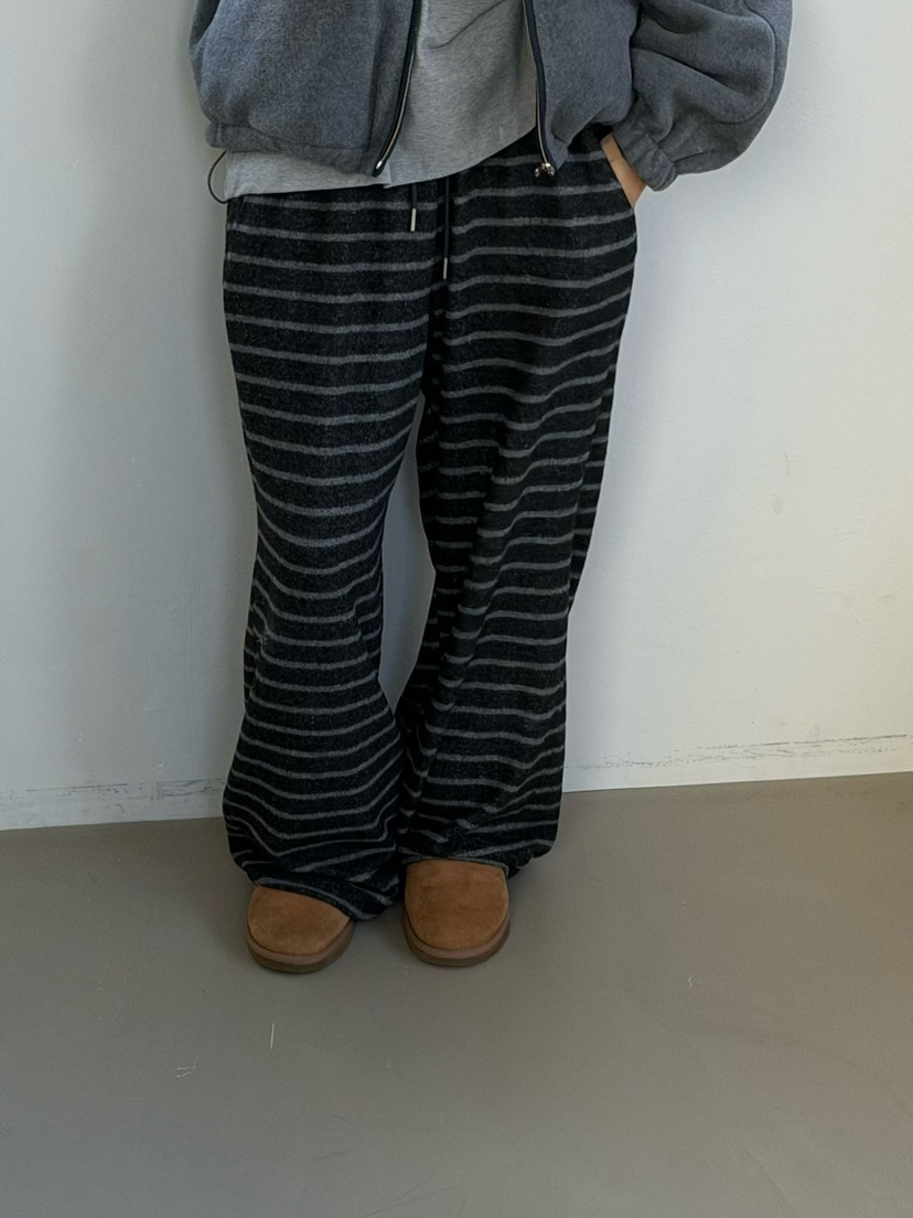 AMY GRACE東大門實拍26秋冬寬松直筒加絨條紋褲休閑褲加絨抽繩AMY GRACE休閑褲