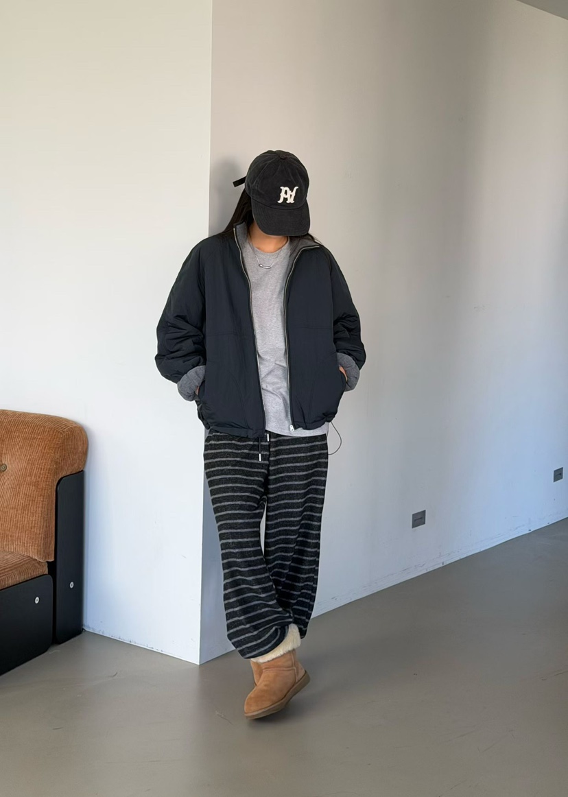 AMY GRACE東大門實拍26秋冬寬松直筒加絨條紋褲休閑褲加絨抽繩AMY GRACE休閑褲