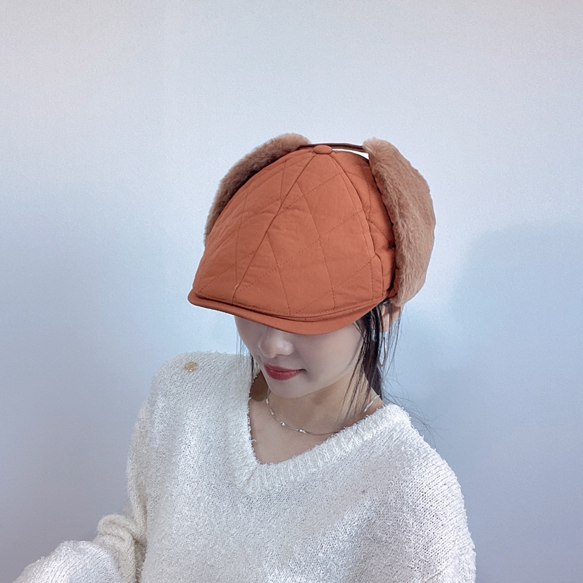 LOVELY HAT韓國代購26秋冬菱格絎縫護耳鴨嘴帽帽子加絨系帶絎LOVELY HAT帽子