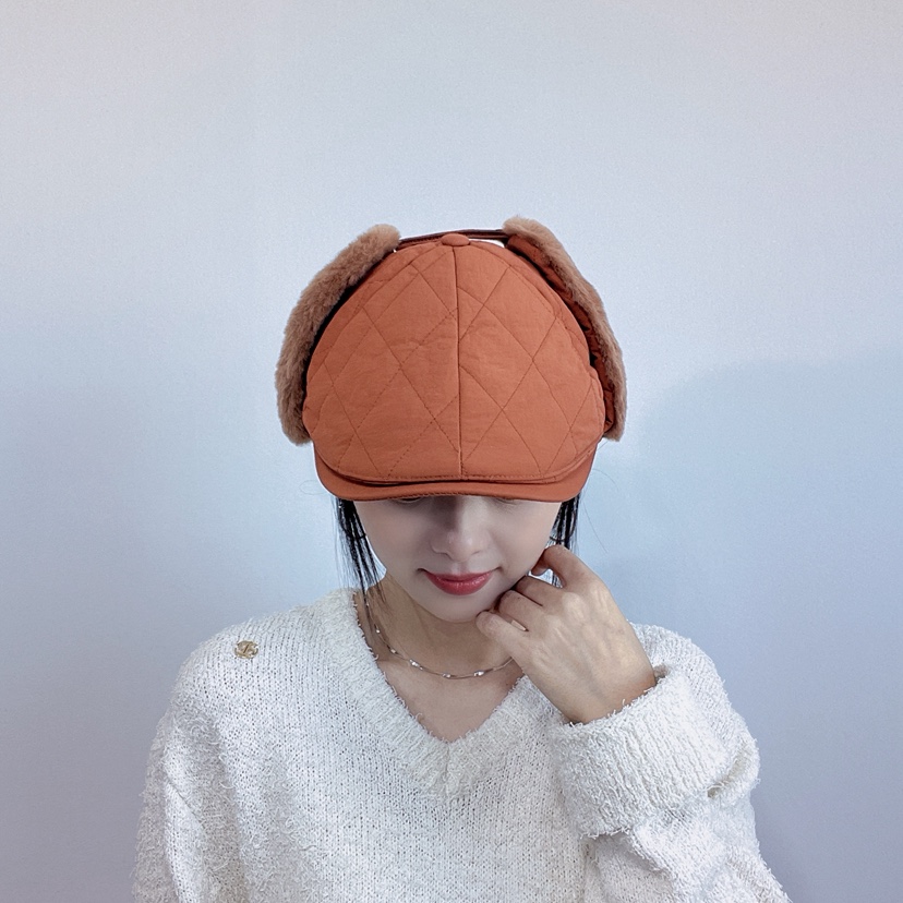 LOVELY HAT韓國代購26秋冬菱格絎縫護耳鴨嘴帽帽子加絨系帶絎LOVELY HAT帽子