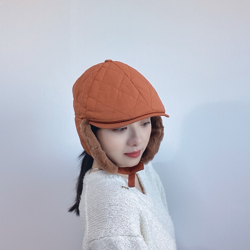 LOVELY HAT韓國代購26秋冬菱格絎縫護耳鴨嘴帽帽子加絨系帶絎LOVELY HAT帽子