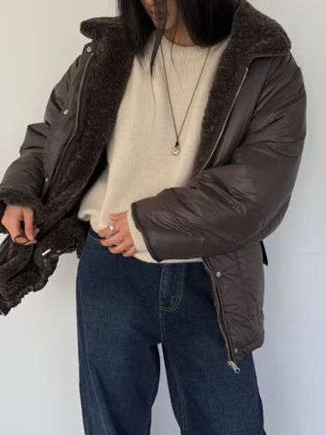 AMY GRACE韓國代購26秋冬毛領短款棉服羽絨服單排扣口袋落肩寬AMY GRACE短款棉服