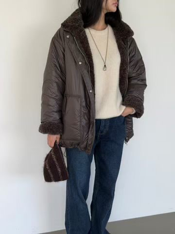 AMY GRACE韓國代購26秋冬毛領短款棉服羽絨服單排扣口袋落肩寬AMY GRACE短款棉服