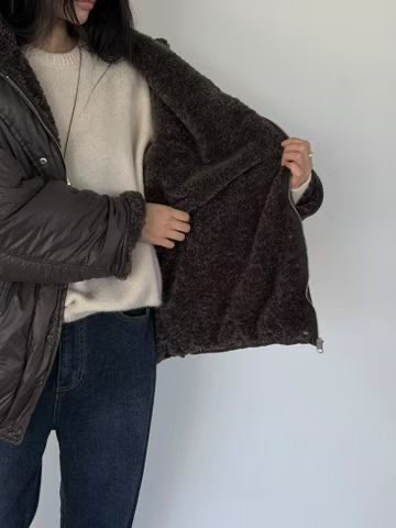 AMY GRACE韓國代購26秋冬毛領短款棉服羽絨服單排扣口袋落肩寬AMY GRACE短款棉服