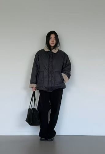 AMY GRACE韓國代購26秋冬毛領短款棉服羽絨服單排扣口袋落肩寬AMY GRACE短款棉服