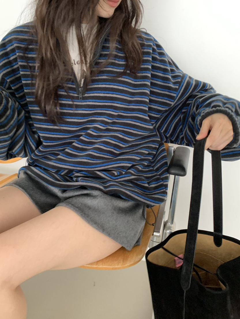 PEBBLE東大門直郵26秋季半拉鏈條紋搖粒絨衛衣半拉鏈立領抽繩PEBBLE衛衣