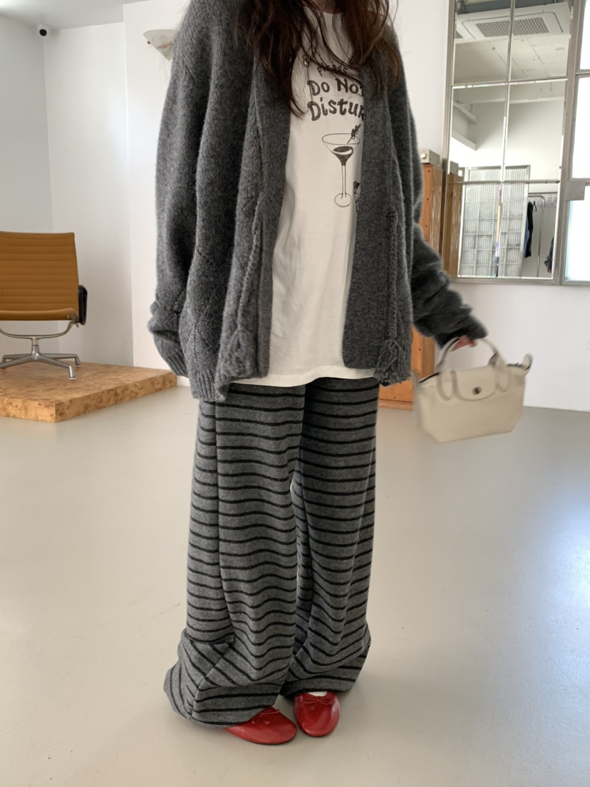 PEBBLE韓國直郵26秋冬條紋闊腿休閑褲 日常百搭抽繩直筒PEBBLE休閑褲