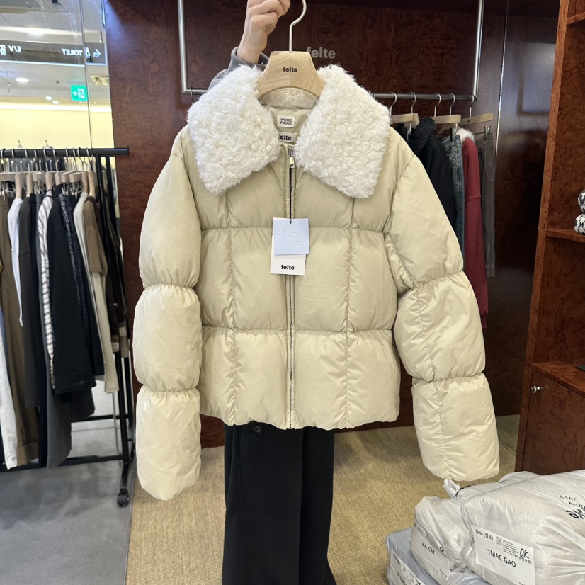 felte東大門代購26秋冬短款羽絨仿毛領短款羽絨服大翻領羽絨服felte短款羽絨服圖色1