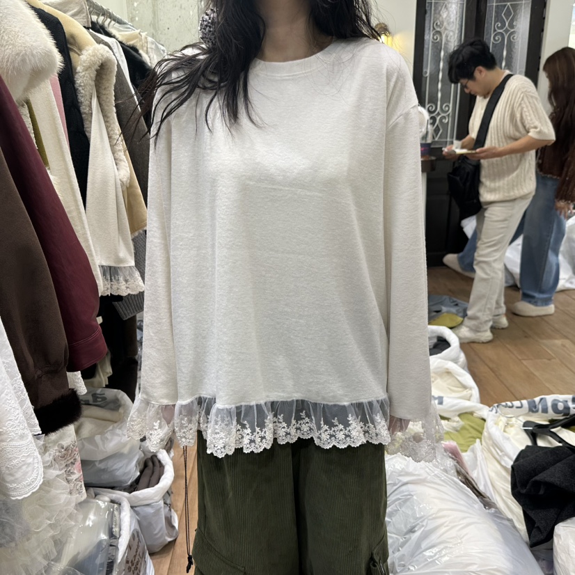 BY FLOW韓國代購26秋冬蕾絲拼接寬松長袖T恤拼接蕾絲花邊圓領BY FLOW長袖T恤圖色1