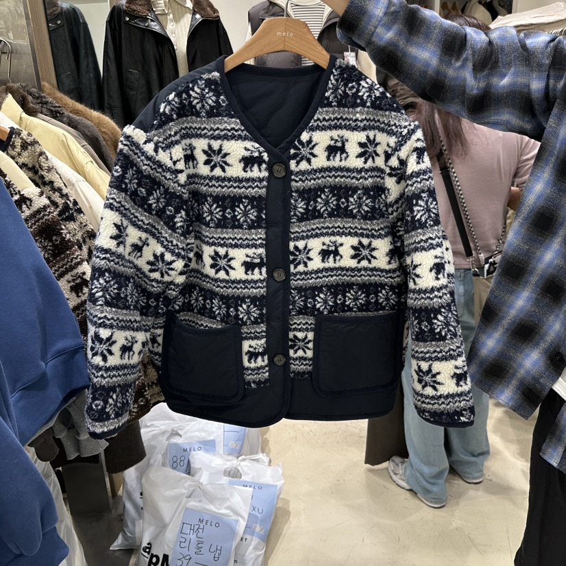 MELO東大門直郵26秋季北歐風羊羔毛棉服短款棉服兩面穿單排扣VMELO短款棉服圖色2