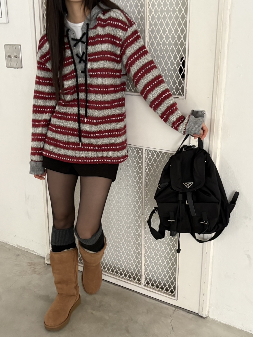 Verbena韓國直郵26秋季復古條紋連帽毛衣不含內搭連帽衫系帶落Verbena毛衣