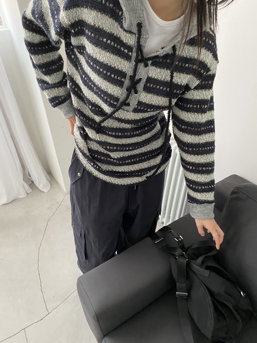 Verbena韓國直郵26秋季復古條紋連帽毛衣不含內搭連帽衫系帶落Verbena毛衣