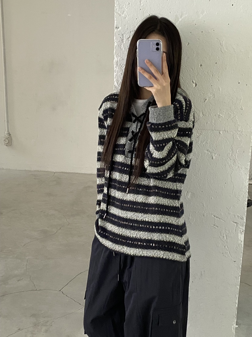 Verbena韓國直郵26秋季復古條紋連帽毛衣不含內搭連帽衫系帶落Verbena毛衣圖色2