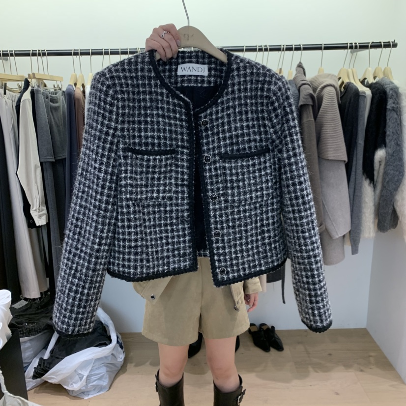 WANDJ東大門直郵26秋冬短款圓領粗花呢夾克單排扣格紋圓領WANDJ夾克圖色1