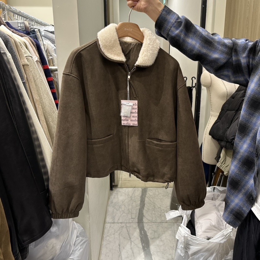 MELO東大門實拍26秋冬毛領麂皮短款夾克不含內搭拉鏈開合針織MELO夾克圖色2
