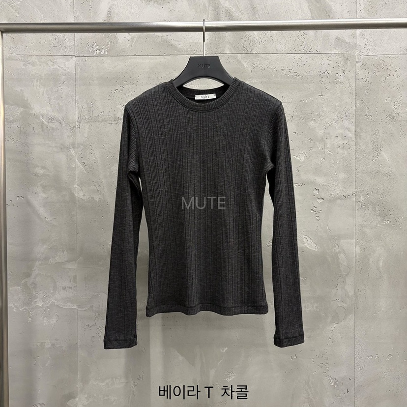 MUTE韓國代購26秋冬豎坑條修身長袖T恤修身圓領條紋MUTE長袖T恤圖色3墨色