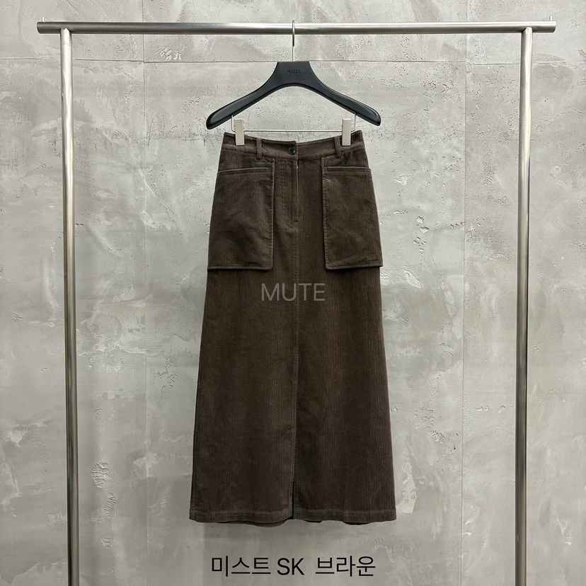 MUTE東大門實拍26秋季高腰燈芯絨前開叉長裙高腰MUTE長裙圖色3棕色