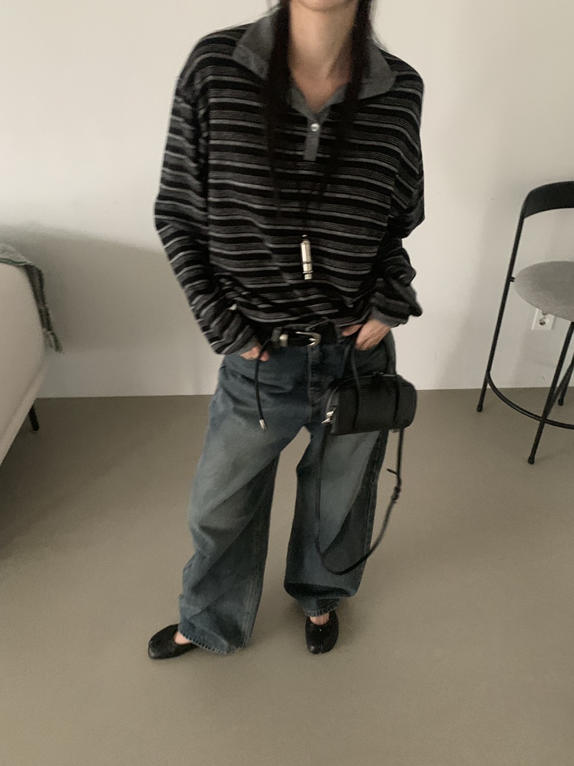 TRUE東大門直郵26秋冬復古條紋針織Polo衫長袖T恤直筒落肩翻領TRUE長袖T恤