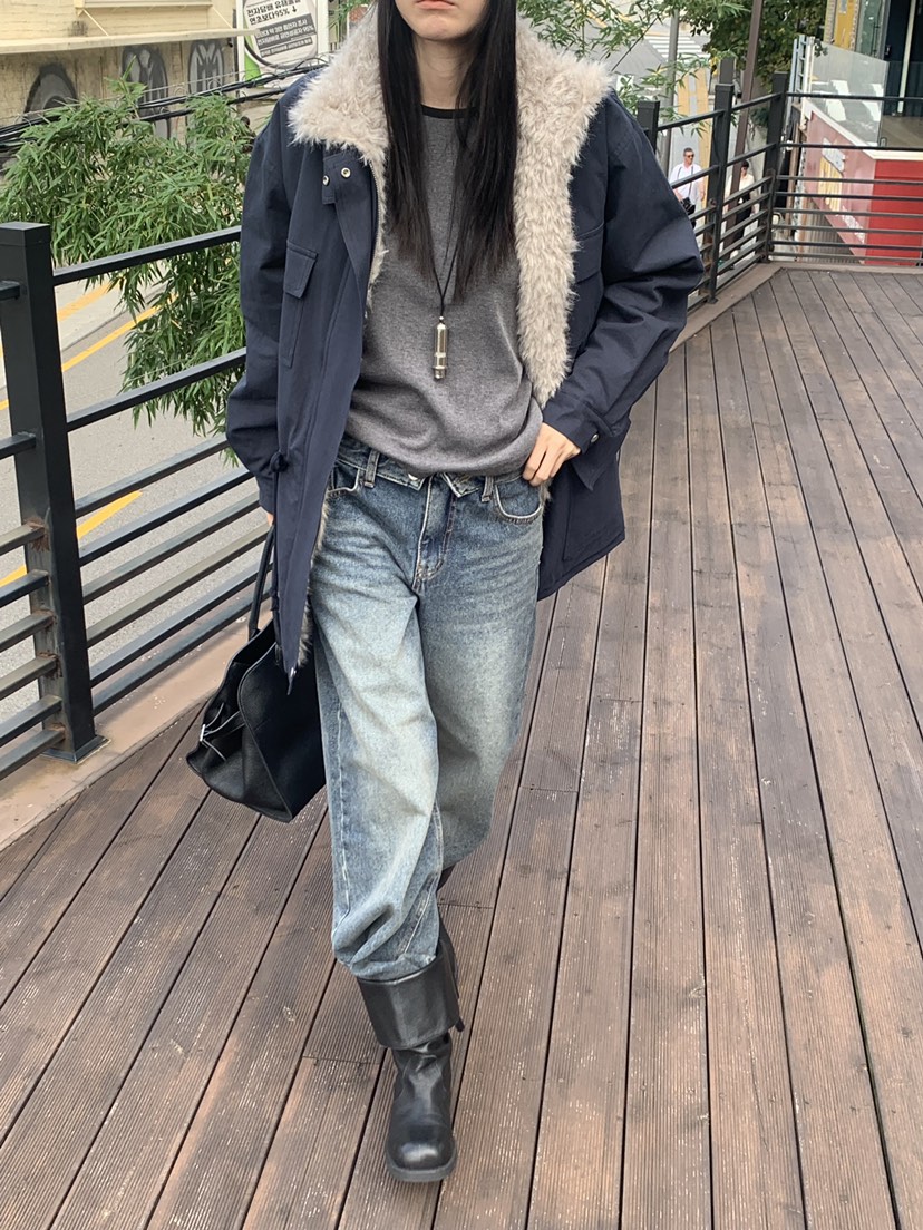 TRUE東大門直郵26秋冬寬松毛領多口袋工裝夾克口袋寬松TRUE夾克