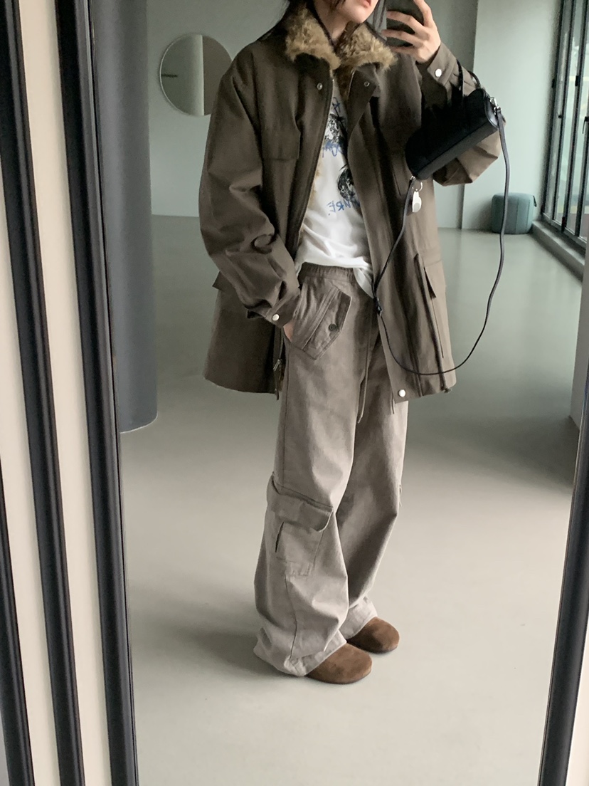 TRUE東大門直郵26秋冬寬松毛領多口袋工裝夾克口袋寬松TRUE夾克