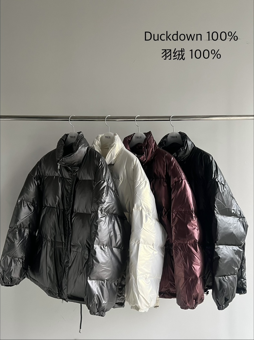 TRUE東大門直郵26秋季亮面珠光短款羽絨服立領羽絨抽繩格紋落TRUE短款羽絨服
