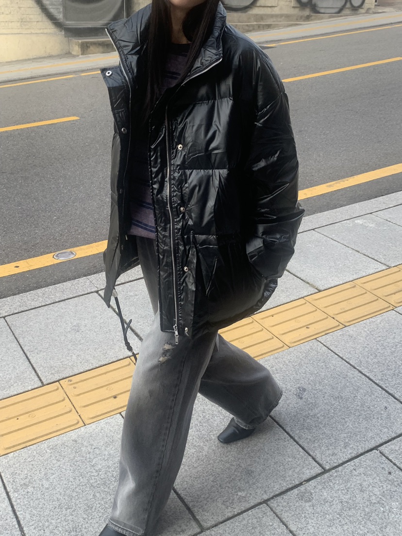 TRUE東大門直郵26秋季亮面珠光短款羽絨服立領羽絨抽繩格紋落TRUE短款羽絨服