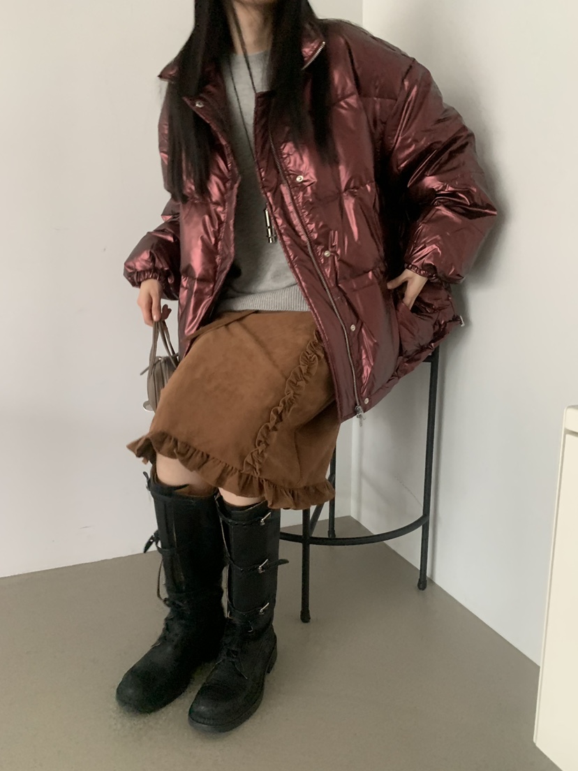 TRUE東大門直郵26秋季亮面珠光短款羽絨服立領羽絨抽繩格紋落TRUE短款羽絨服