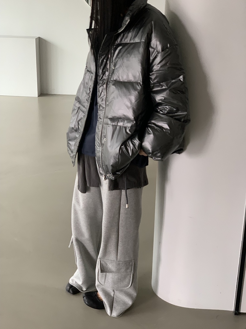TRUE東大門直郵26秋季亮面珠光短款羽絨服立領羽絨抽繩格紋落TRUE短款羽絨服