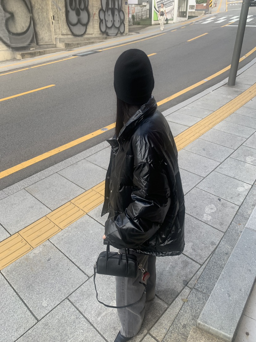 TRUE東大門直郵26秋季亮面珠光短款羽絨服立領羽絨抽繩格紋落TRUE短款羽絨服
