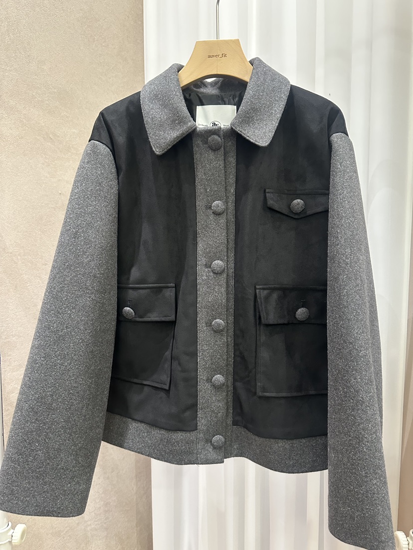 AUVERFIT韓國代購26秋冬復古拼色毛呢夾克單排扣口袋翻領AUVERFIT夾克圖色2