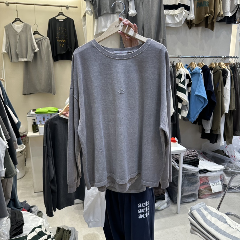 REPLAY東大門代購26秋冬寬松落肩云朵刺繡長袖T恤刺繡落肩圓領REPLAY長袖T恤圖色2