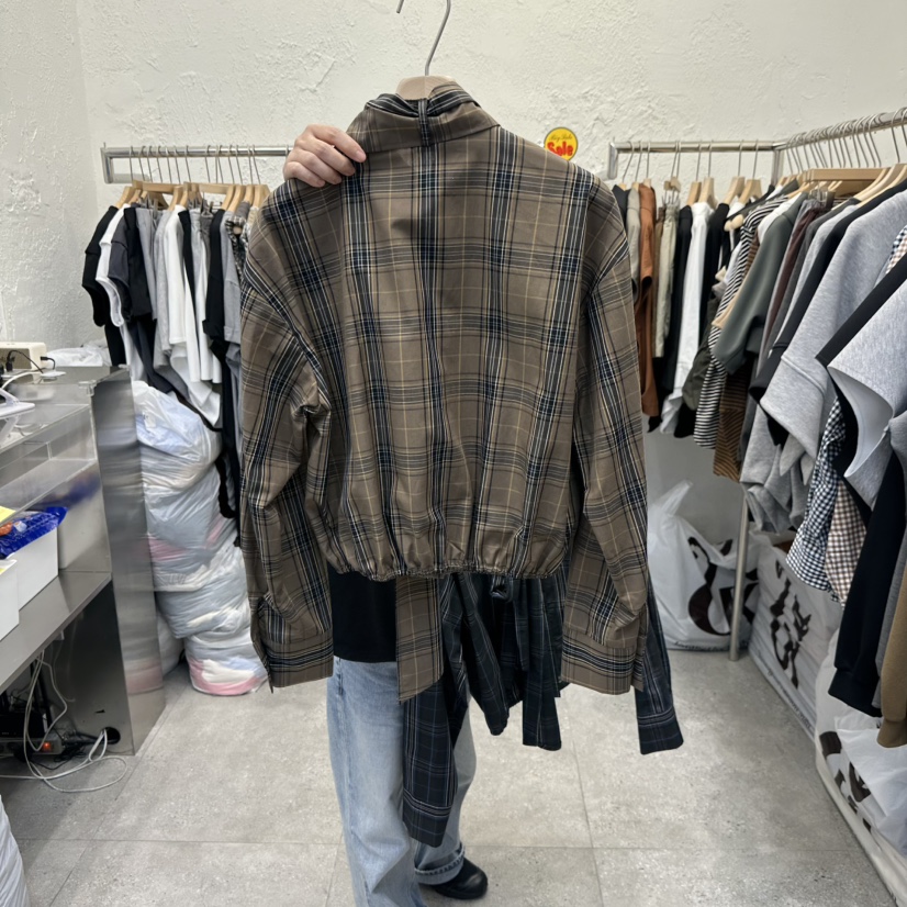 DA YLOG韓國代購26秋冬格紋系帶短款襯衫蕾絲衫系帶落肩圍巾寬DA YLOG襯衫/蕾絲衫