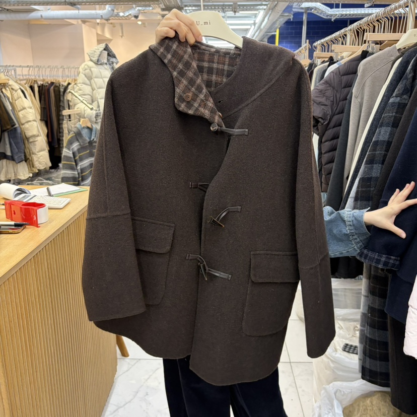 WMSTORY/SIMPLE PARK東大門代購26秋冬連帽牛角扣大衣中長款大WMSTORY/SIMPLE PARK中長款大衣圖色2
