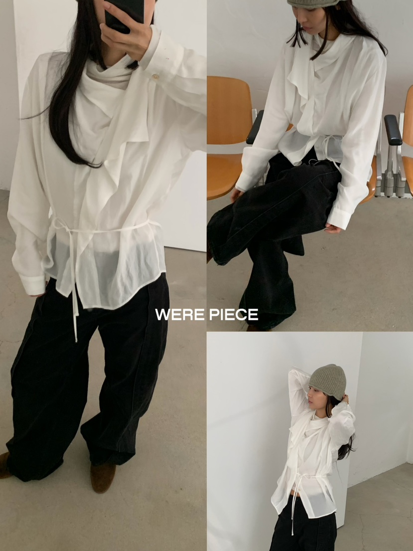 KARE/WERE PIECE韓國直郵26秋冬圍裹垂領襯衫蕾絲衫含腰繩KARE/WERE PIECE襯衫/蕾絲衫